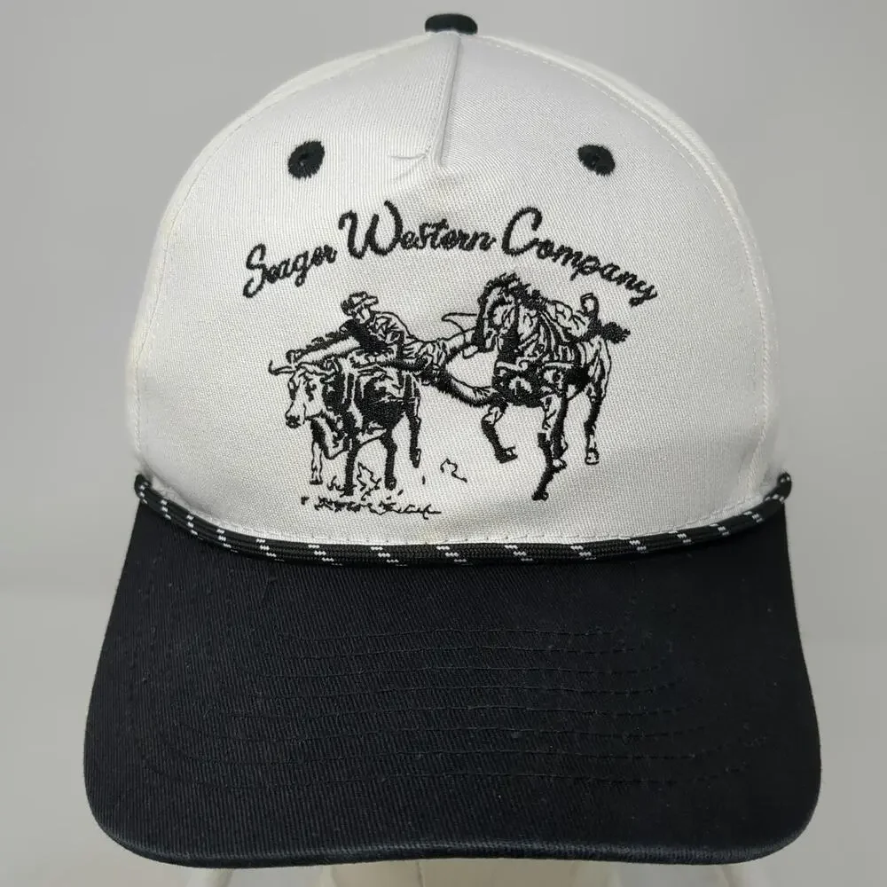 Seager 5 Panel White Black OSFM Rope Hat Snapback Western Cowboy Cotton Steer